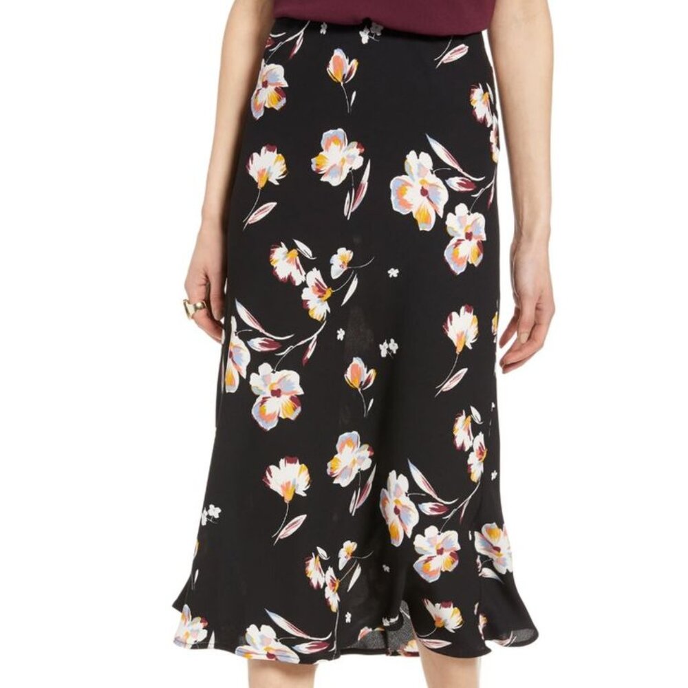 Halogen Black Bias Cut A-Line Midi Skirt